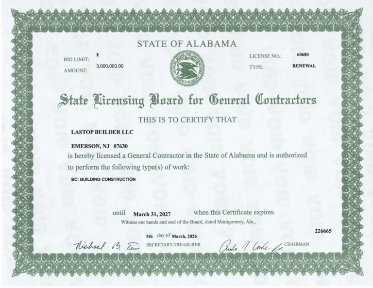 Alabama general contractor license – Lastop Construction (Lastop Builder LLC)
