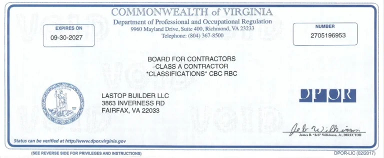 Virginia contractor license – Lastop Construction (Lastop Builder LLC)