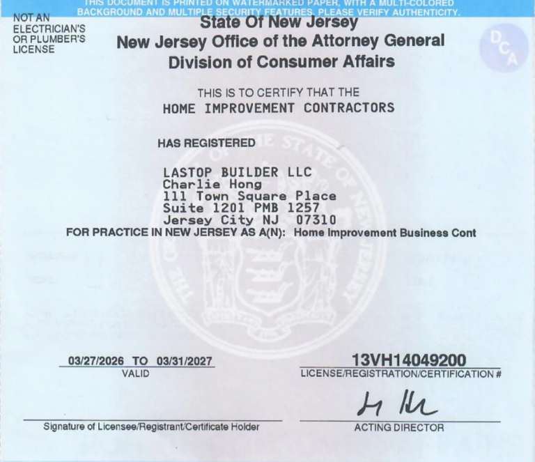 New Jersey Home Improvement Contractor registration – Lastop Construction (Lastop Builder LLC)