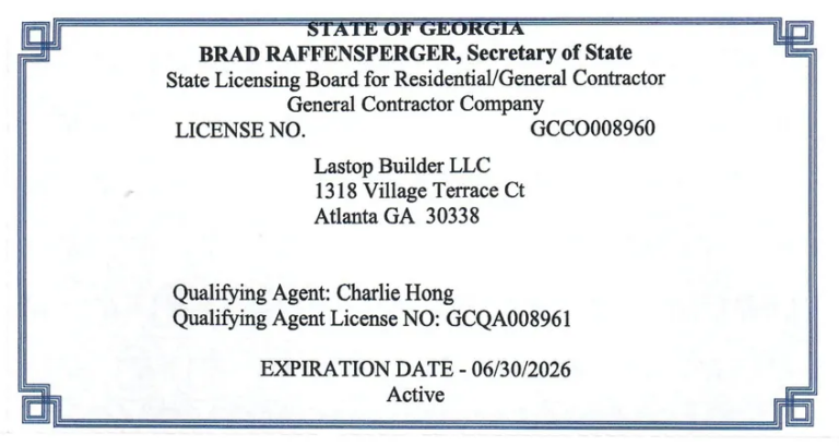 Georgia general contractor license – Lastop Construction (Lastop Builder LLC)